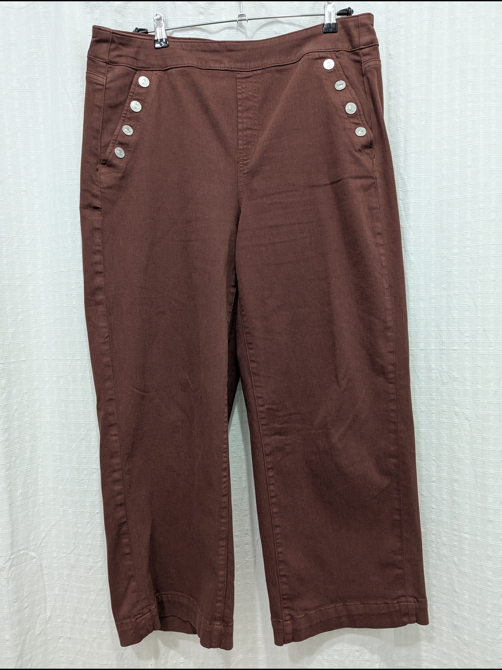 Wide Leg Cropped Ankle High Rise Pants Stretchy Button Accent Rust Red Color
